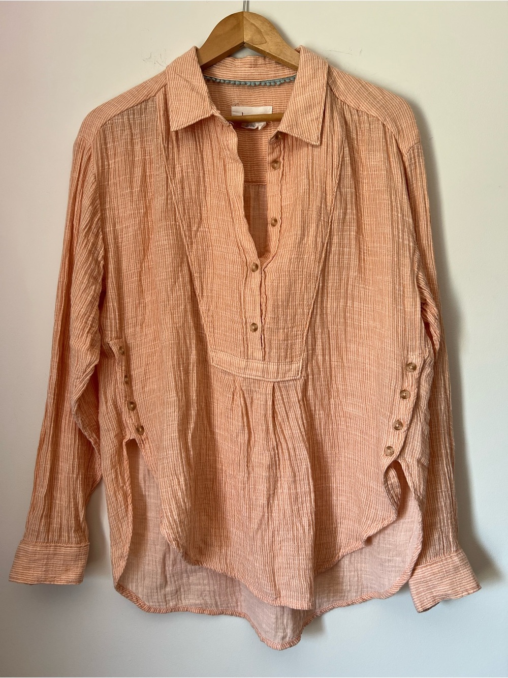 by Anthropologie Lightweight Peach Stripe Gauze Cotton Tunic Popover Blouse - Picture 3 of 14